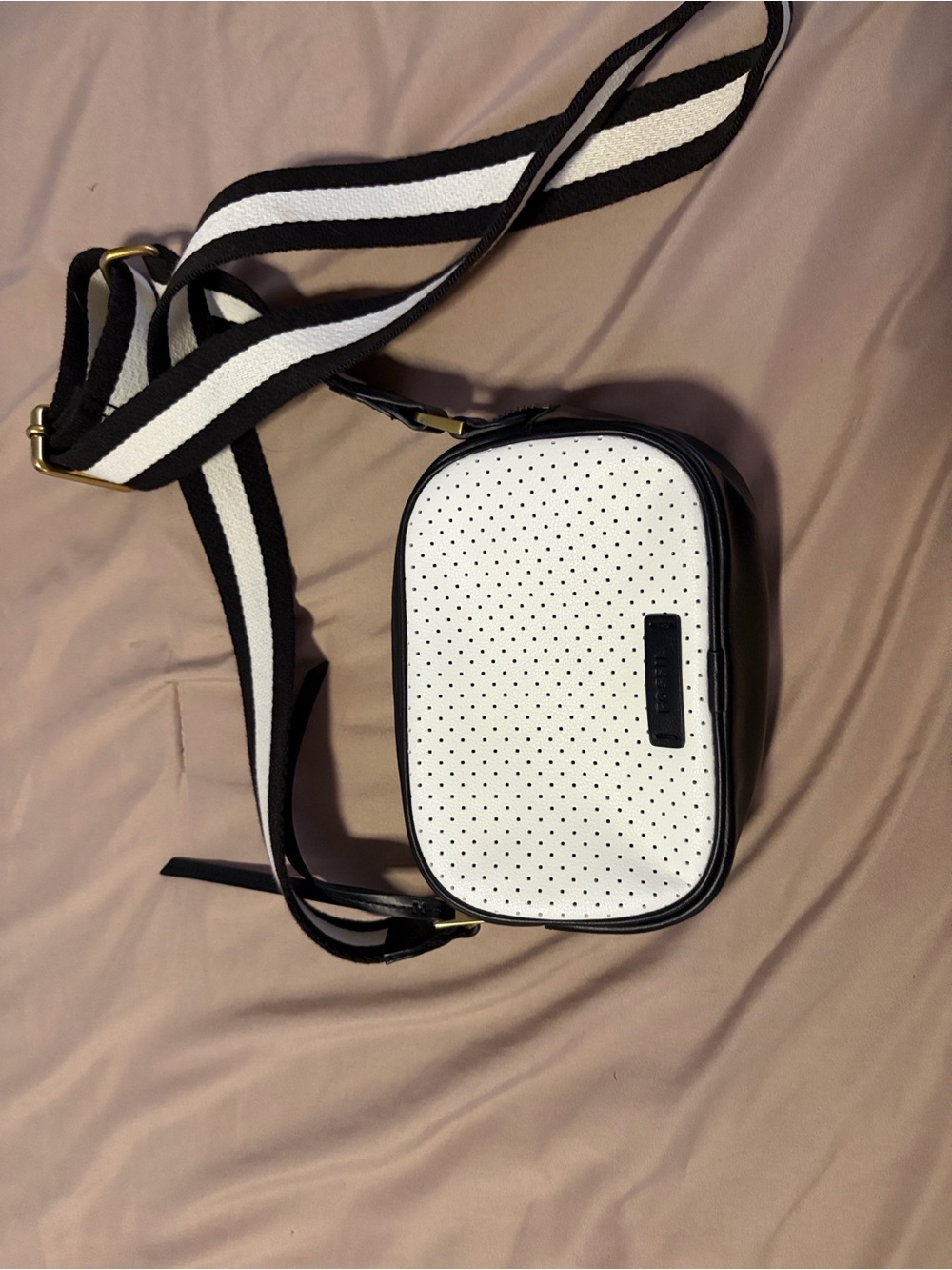 White and Black Fossil Perforated Crossbody Bag with Striped Strap